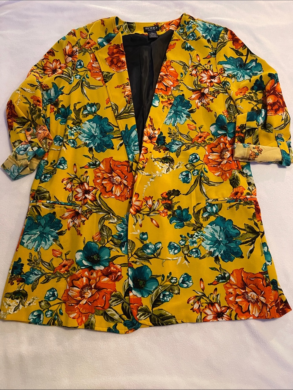 Soho Yellow Floral Longline Blazer with Teal & Orange Flowers